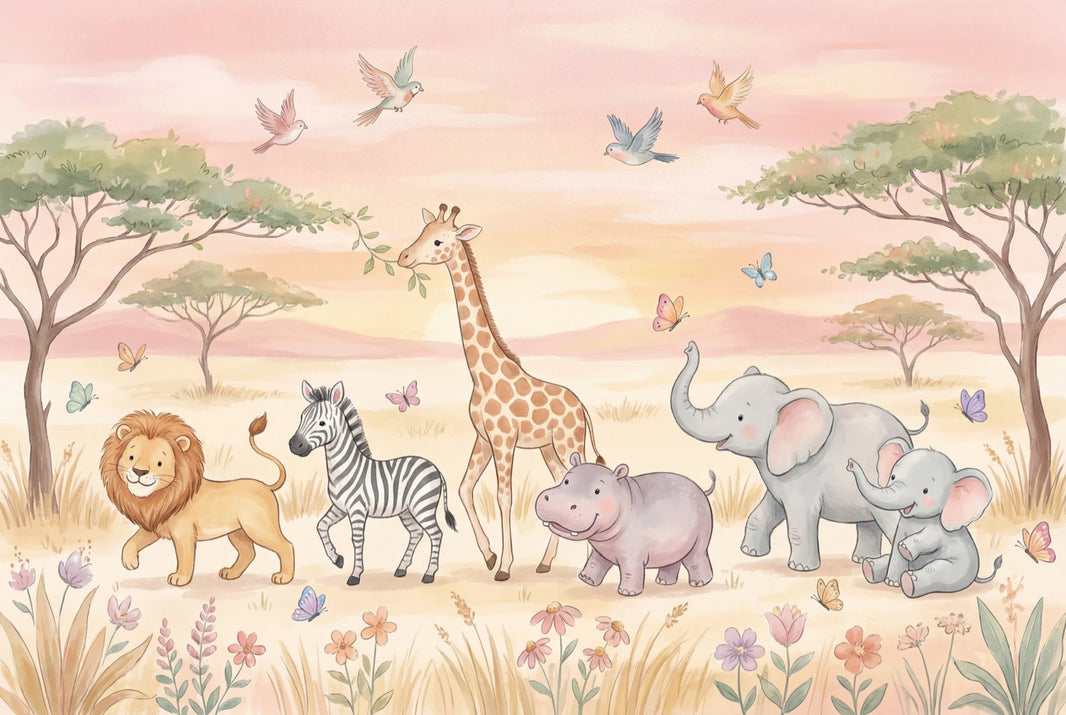 Safari Animals Wallpaper Pastel Cartoon Wall Mural pattern artwork