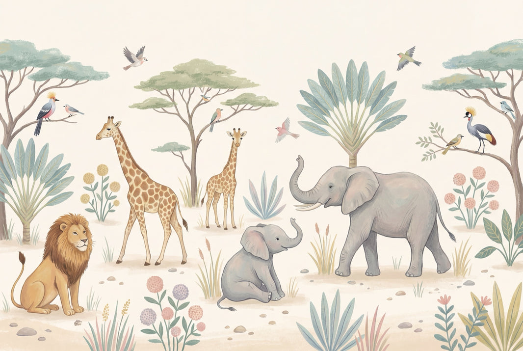 Safari Animals Wallpaper Pastel Nature Wall Mural pattern artwork