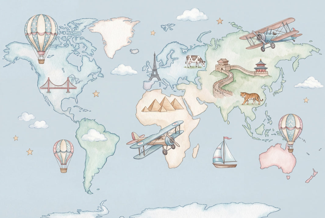 World Map Wallpaper Hot Air Balloon Iconic Wall Mural pattern artwork