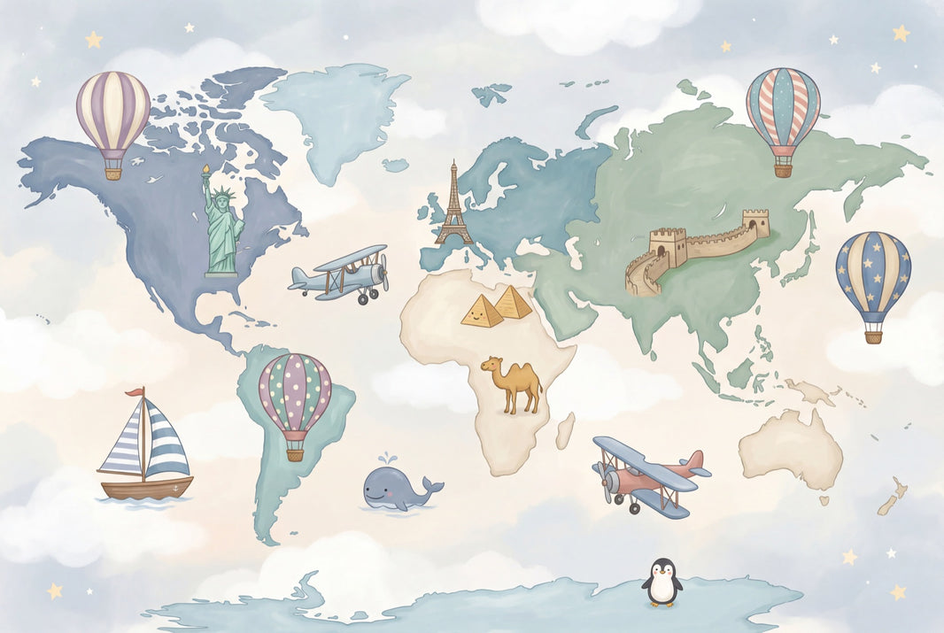 World Map Wallpaper Cloudy Sky Wall Mural pattern artwork