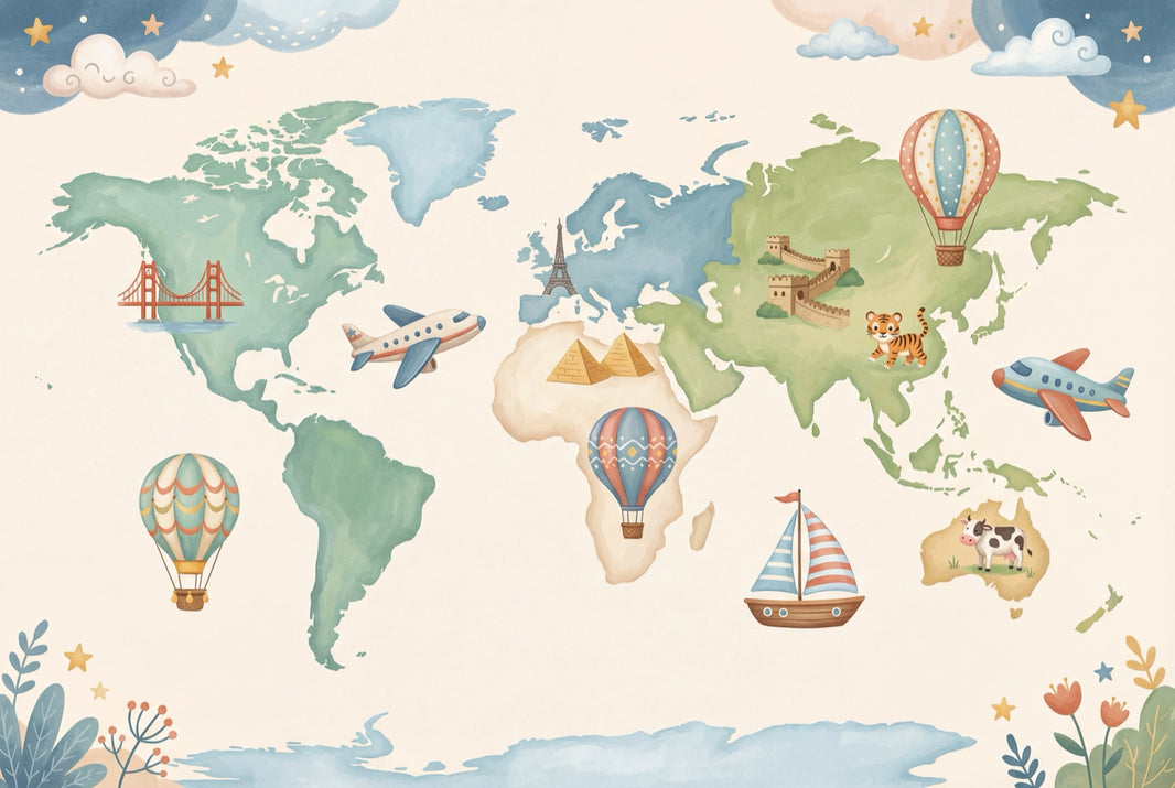 World Map Wallpaper Airplane Balloon Wall Mural pattern artwork