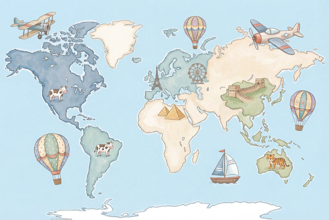 World Map Wallpaper Hot Air Balloon Animal Wall Mural pattern artwork