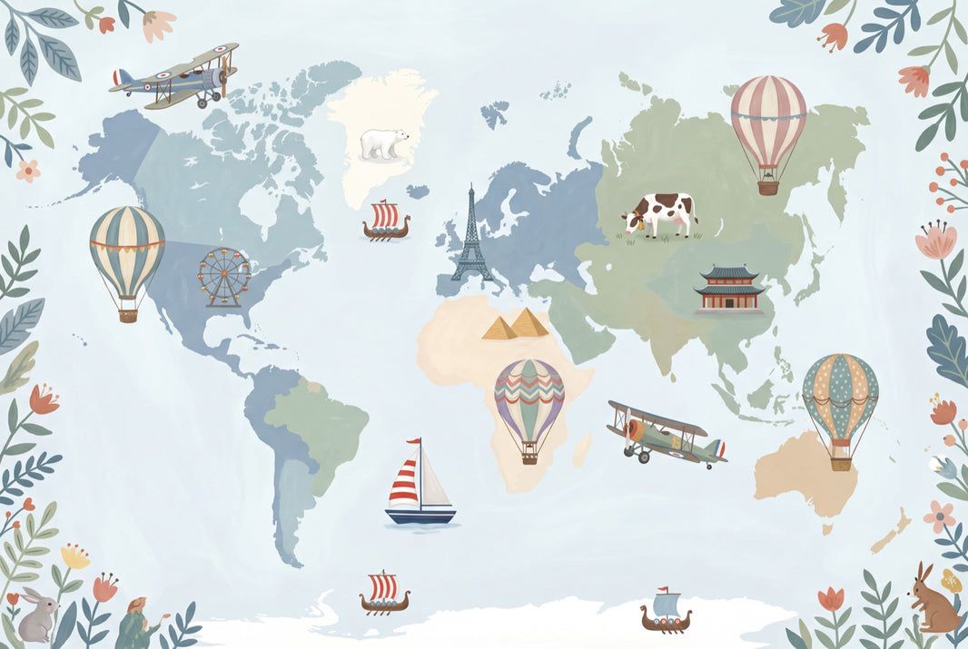 World Map Wallpaper Balloon Adventure Wall Mural pattern artwork