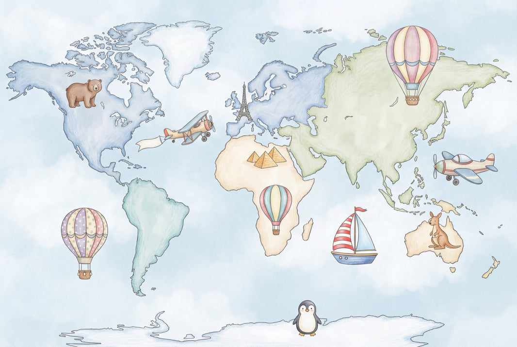 World Map Wallpaper Hot Air Balloons Whimsical Wall Mural pattern artwork