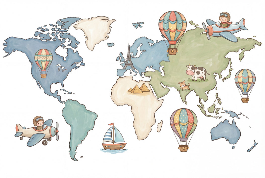 World Map Wallpaper Hot Air Balloon Removable Wall Decor pattern artwork