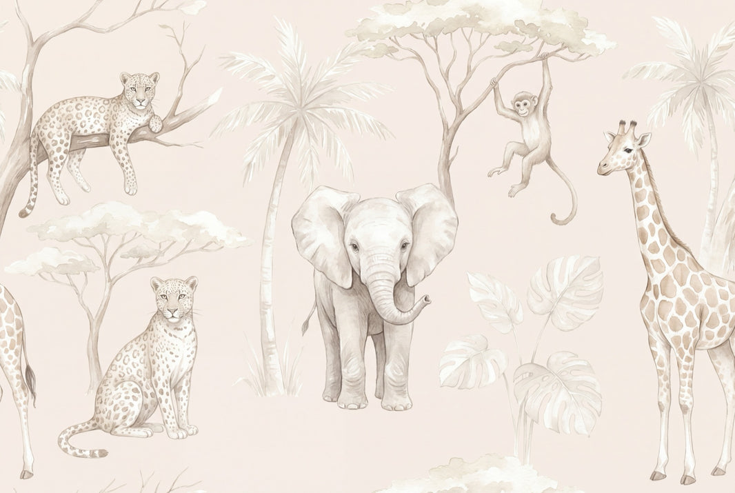 Safari Animals Wallpaper Jungle Beige Wall Mural pattern artwork