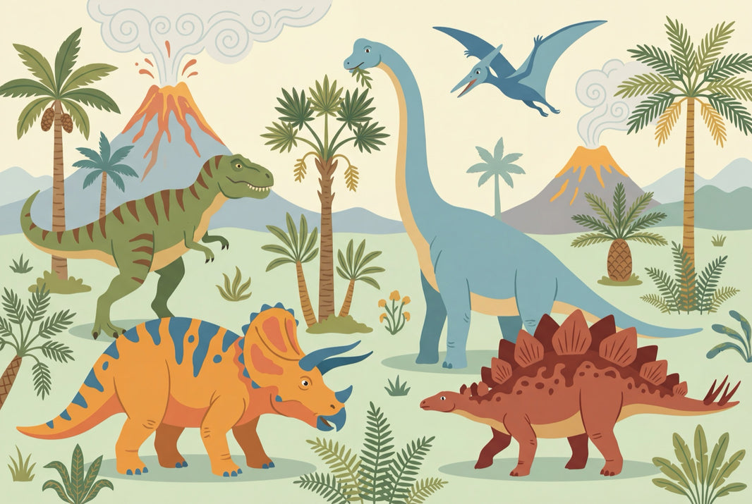 Dinosaur Adventure Wallpaper Prehistoric Volcano Wall Mural pattern artwork