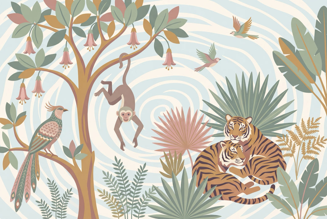 Jungle Animals Wallpaper Monkey Birds Wall Mural pattern artwork