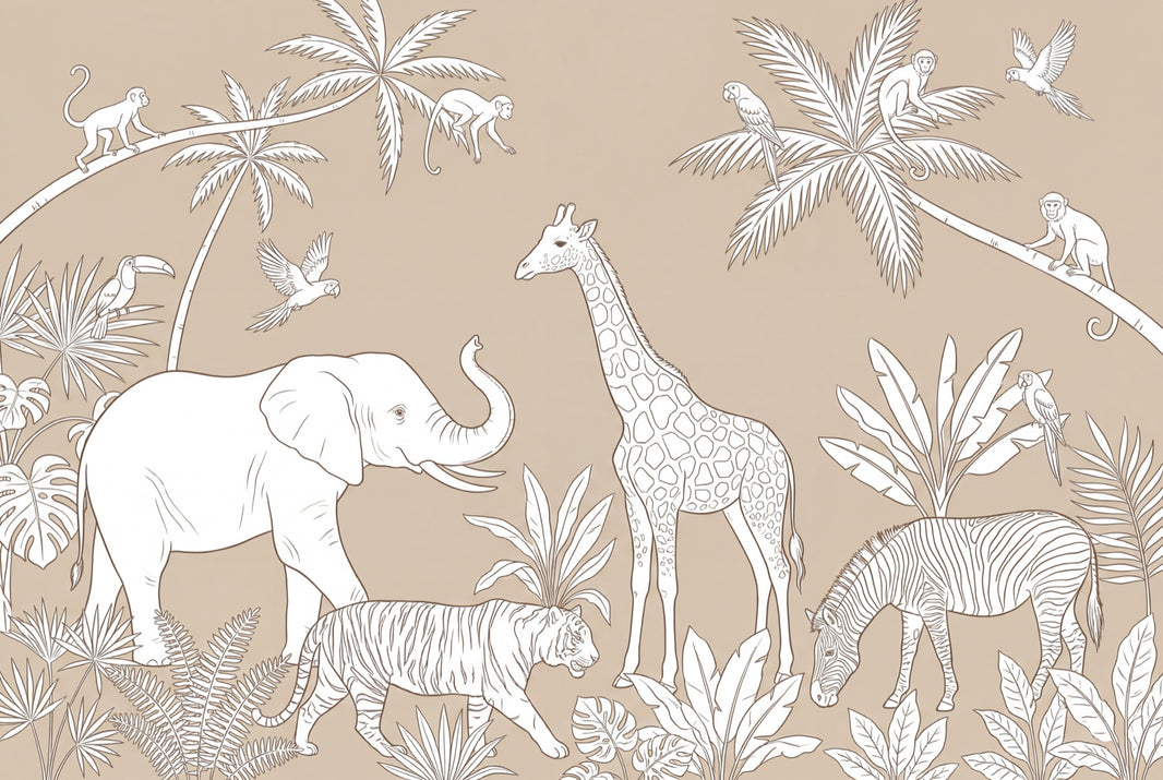 Safari Animals Wallpaper Tropical Jungle Wall Mural pattern artwork