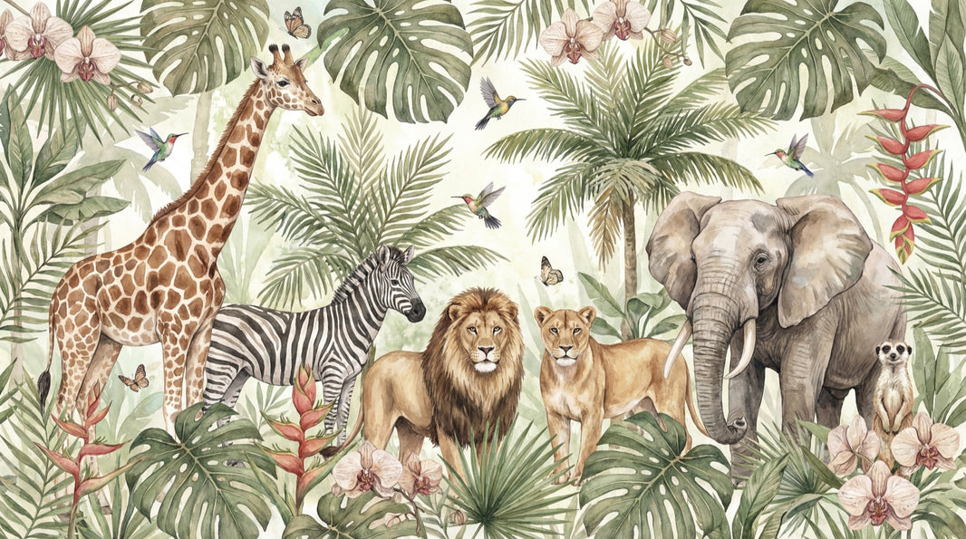 Jungle Animals Wallpaper Tropical Watercolor Wall Mural pattern artwork