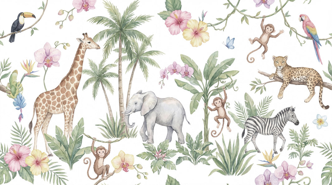 Jungle Animals Wallpaper Tropical Floral Wall Mural pattern artwork