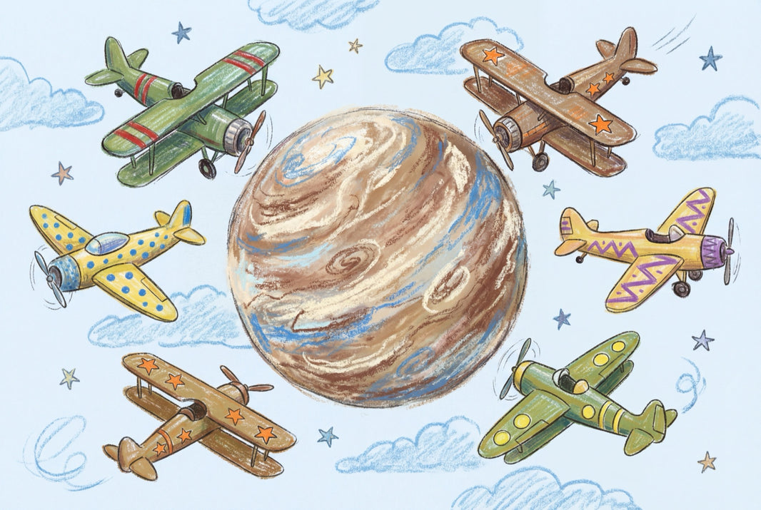 Space Airplanes Wallpaper Whimsical Planet Wall Mural pattern artwork
