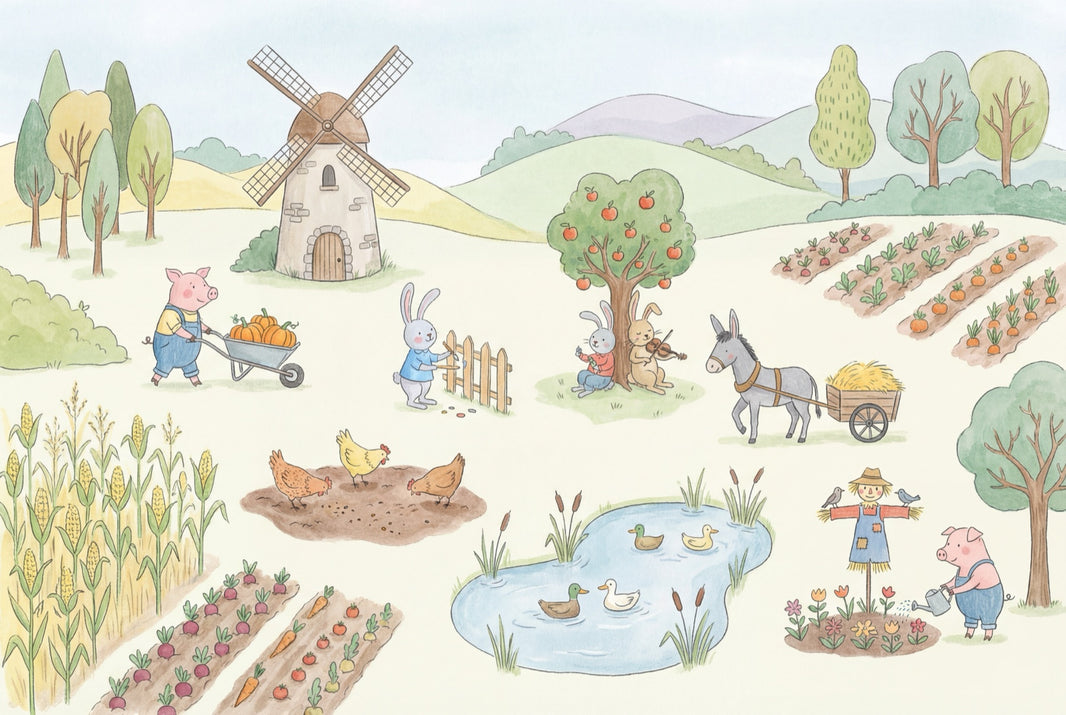 Whimsical Farm Wallpaper Animal Countryside Wall Mural pattern artwork