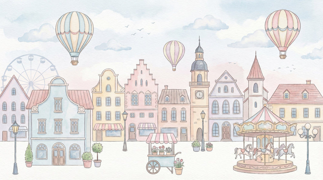 Whimsical Townscape Wallpaper Pastel European Wall Mural pattern artwork