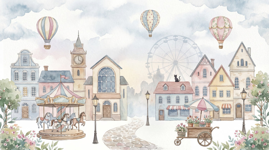 Vintage Village Wallpaper Carousel Whimsical Wall Decor pattern artwork