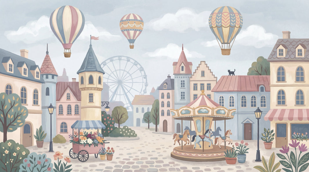 Village Wallpaper Hot Air Balloons Carousel Wall Mural pattern artwork