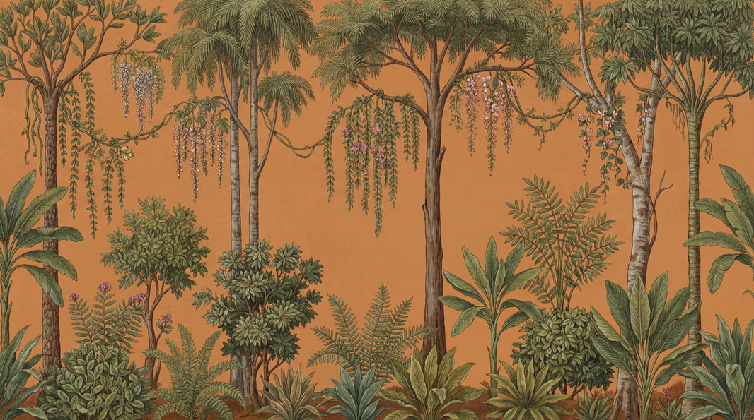 Tropical Botanical Wallpaper Terracotta Background Palm Trees Removable Wall Decor pattern artwork