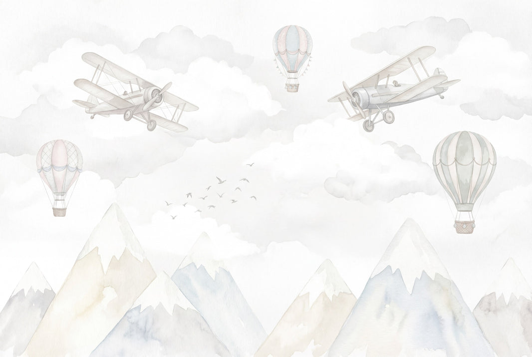 Vintage Biplanes Wallpaper Watercolor Nursery Wall Mural pattern artwork