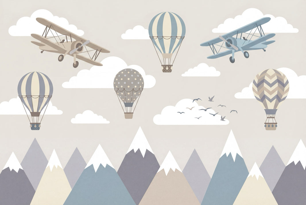 Airplanes Wallpaper Hot Air Balloons Mountains Wall Mural pattern artwork