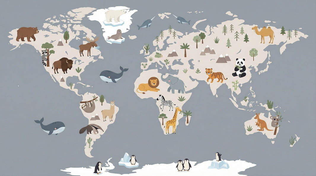 World Map Wallpaper Animals Educational Wall Mural pattern artwork