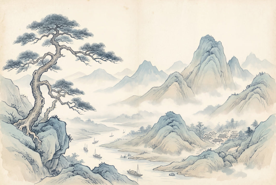 East Asian Landscape Wallpaper Ink Wash Painting Misty Mountains Wall Mural pattern artwork