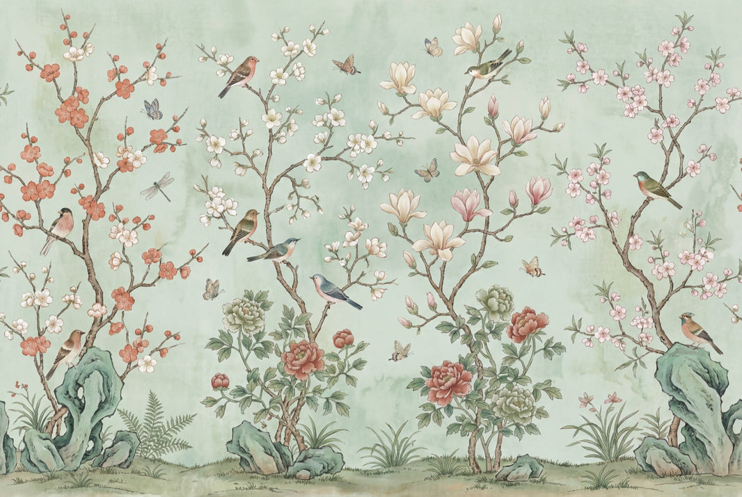 Floral Wallpaper Birds Green Wall Mural pattern artwork