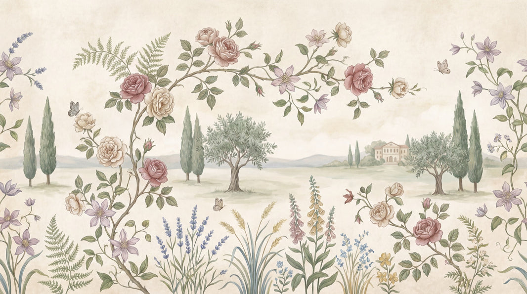 Pastoral Landscape Wallpaper Floral Border Butterflies Wall Mural pattern artwork