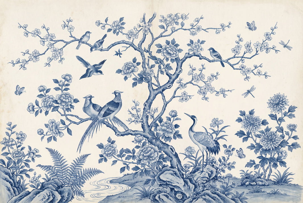 Chinoiserie Wallpaper Blue And White Toile Wall Mural pattern artwork