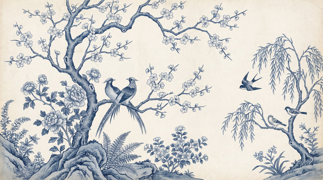 Chinoiserie Wallpaper Blue And White Toile Removable Wall Decor pattern artwork