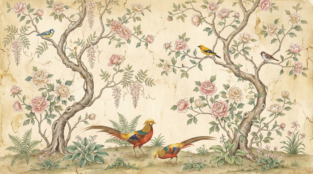 Chinoiserie Inspired Wallpaper Vintage Floral Birds Wall Mural pattern artwork