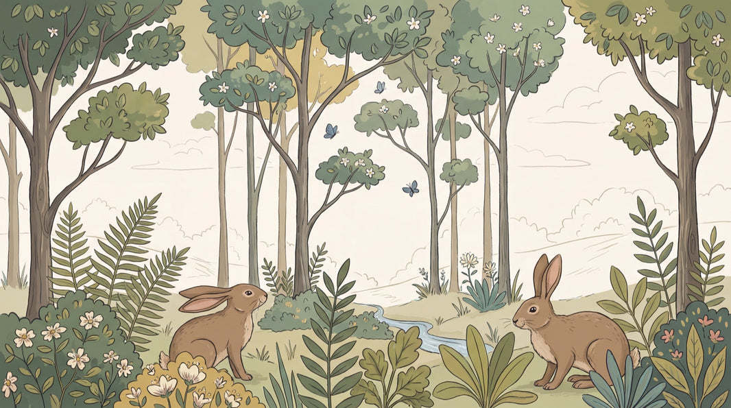 Woodland Landscape Wallpaper Rabbits Storybook Illustration Removable Wall Decor pattern artwork