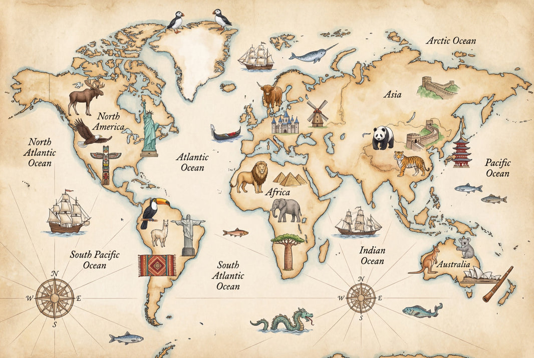 Vintage World Map Wallpaper World Map Totem Wall Mural pattern artwork