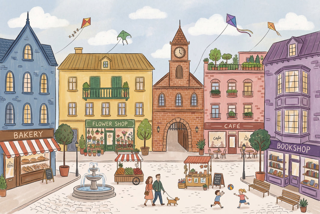 Town Square Wallpaper European Street Bright Wall Mural pattern artwork