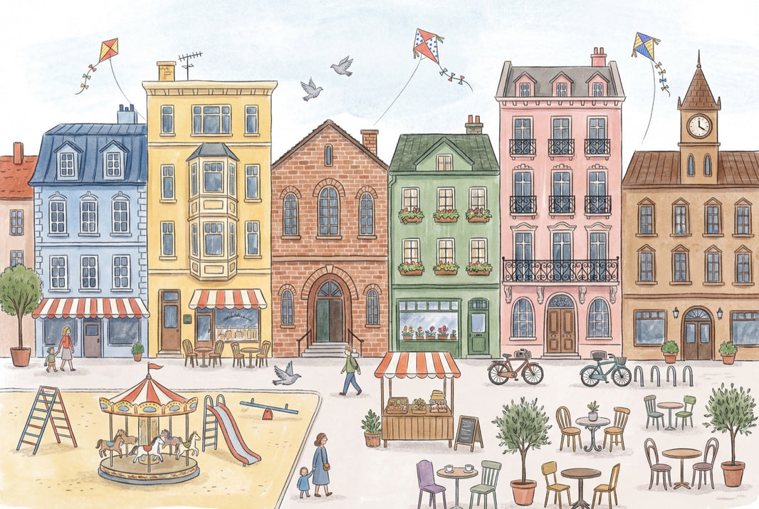 Pastel Cityscape Wallpaper European Townhouses Street Market Removable Wall Decor pattern artwork