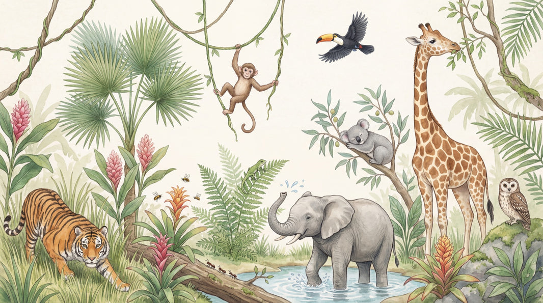 Jungle Wallpaper Safari Animals Watercolor Illustration Removable Wall Decor pattern artwork