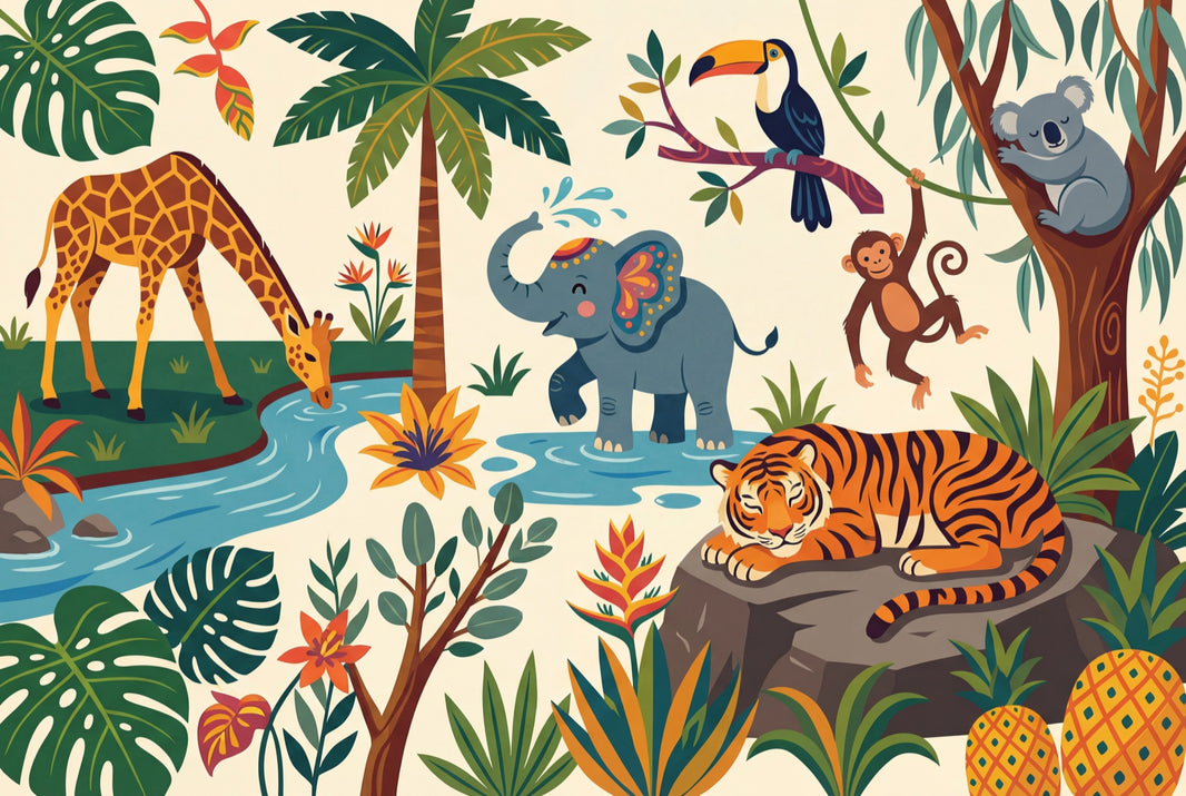 Tropical Jungle Wallpaper Wild Animals Kids Wallpaper Wall Mural pattern artwork