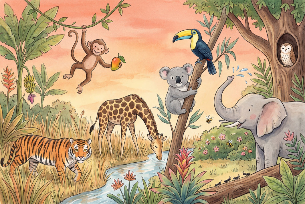 Jungle Wallpaper Safari Animals Watercolor Illustration Wall Mural pattern artwork