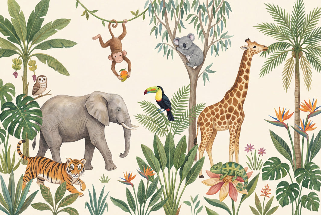 Tropical Jungle Wallpaper Safari Animals Watercolor Illustration Wall Mural pattern artwork