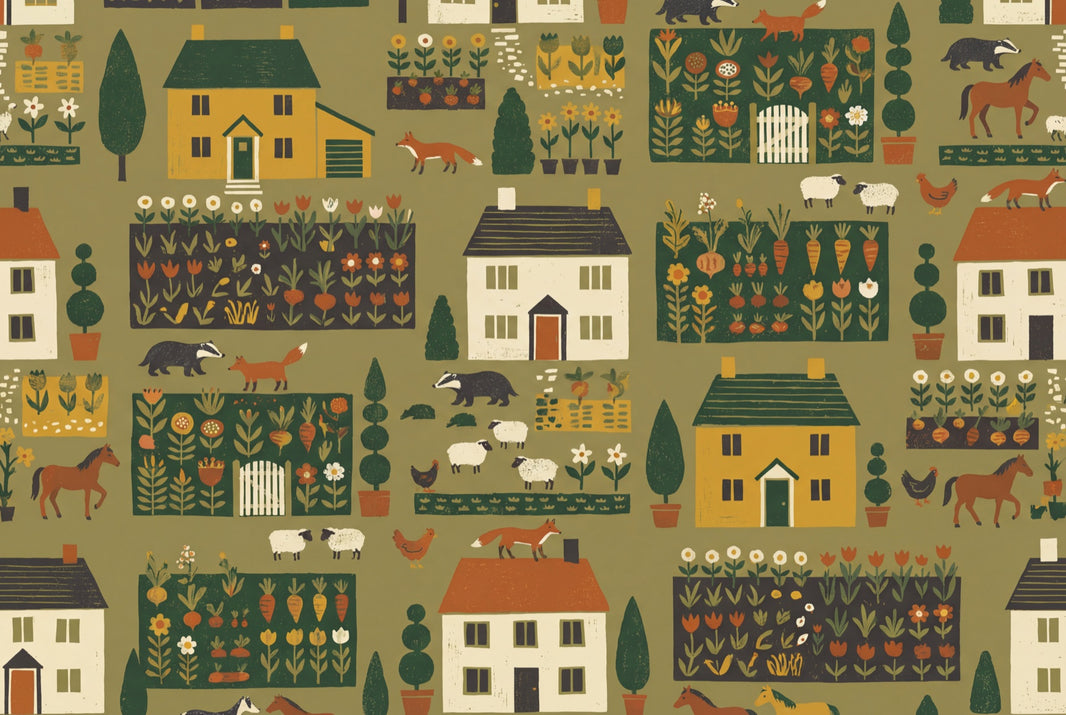 Countryside Wallpaper Farmhouse Folk Art Wall Mural pattern artwork