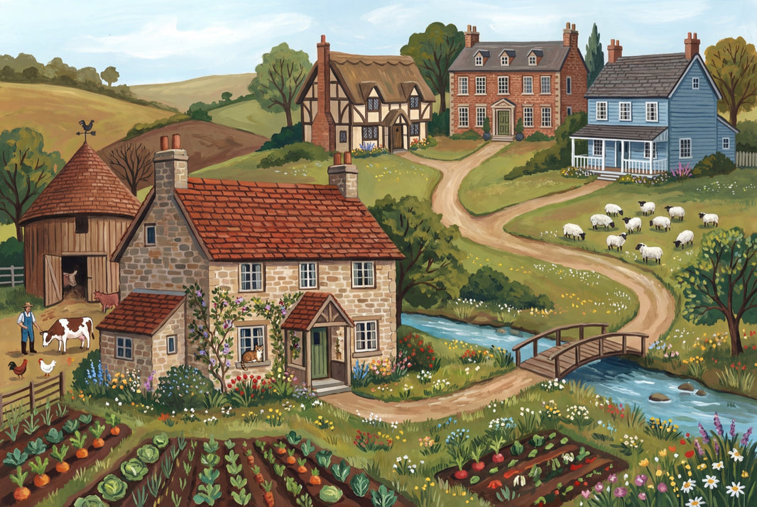 Countryside Landscape Wallpaper Farmhouse Village Stone Cottage Wall Mural pattern artwork