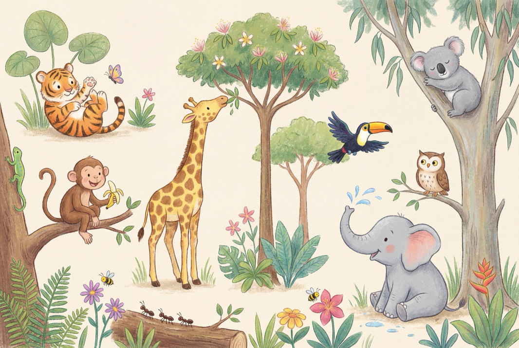 Jungle Animals Wallpaper Watercolor Illustration Cute Safari Removable Wall Decor pattern artwork
