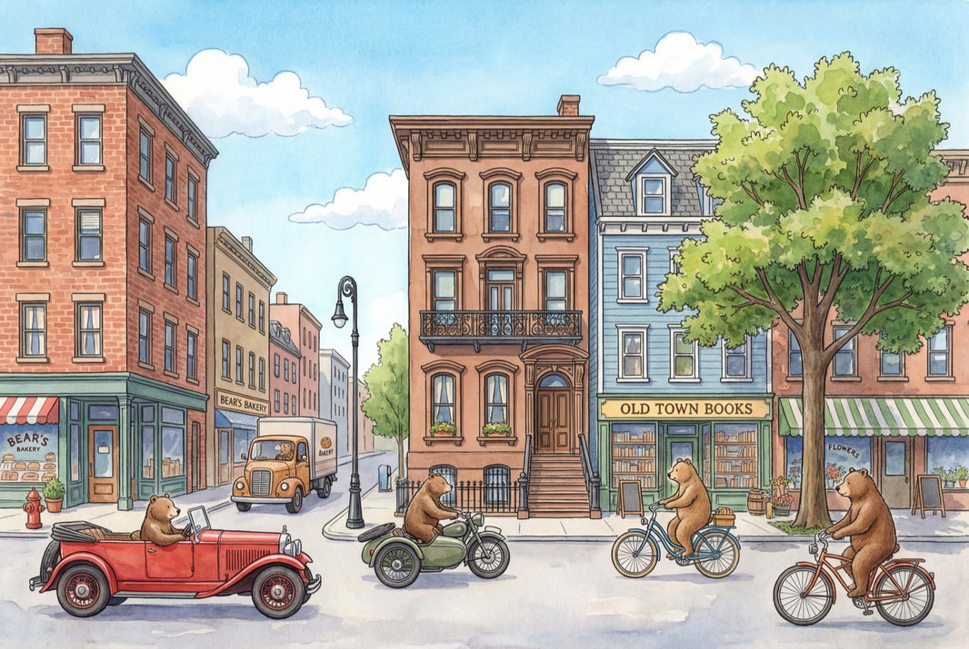 Storybook Illustration Wallpaper Town Street Bookstore Removable Wall Decor pattern artwork