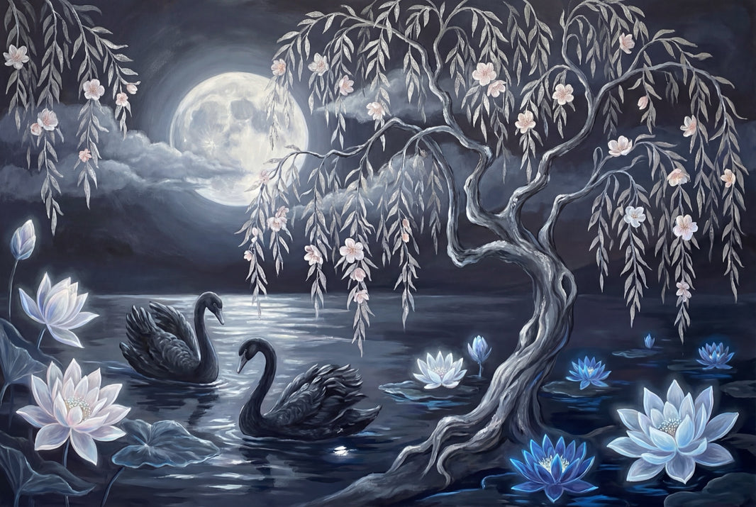 Dark Moonlit Lake Wallpaper Black Swans Willow Tree Wall Mural pattern artwork