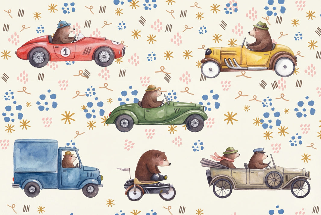Playful Kids Wallpaper Cute Bears Vintage Cars Wall Mural pattern artwork