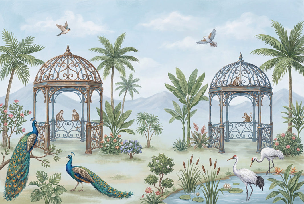 Tropical Landscape Wallpaper Gazebo Pavilion Peacocks Wall Mural pattern artwork