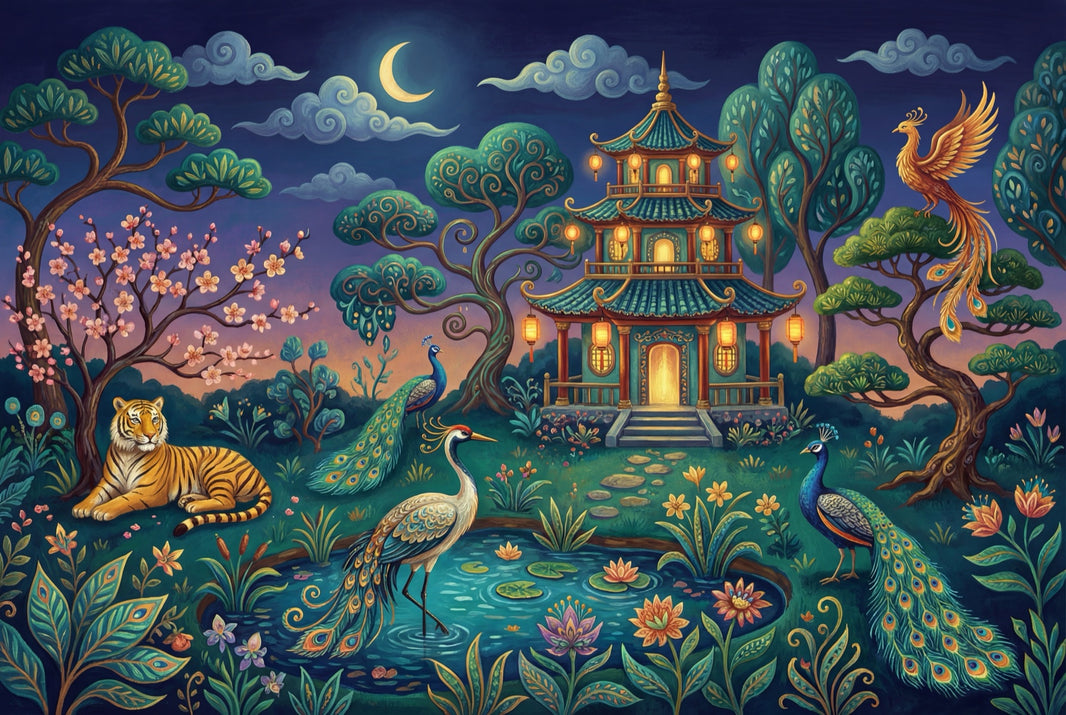 Dark Night Garden Wallpaper Pagoda Pavilion Whimsical Landscape Wall Mural pattern artwork