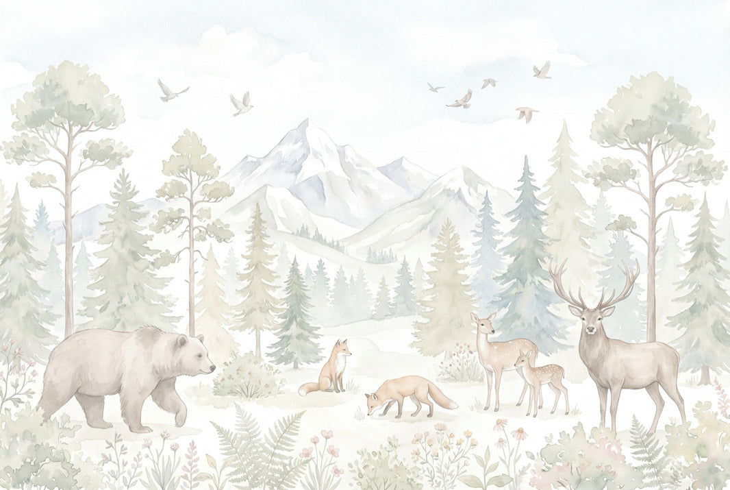 Woodland Landscape Wallpaper Watercolor Pine Forest Wall Mural pattern artwork