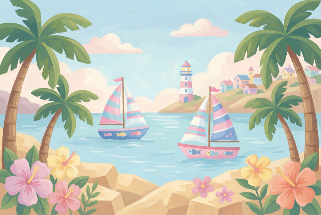 Bright Coastal Landscape Wallpaper Tropical Palms Pastel Sailboats Wall Mural pattern artwork