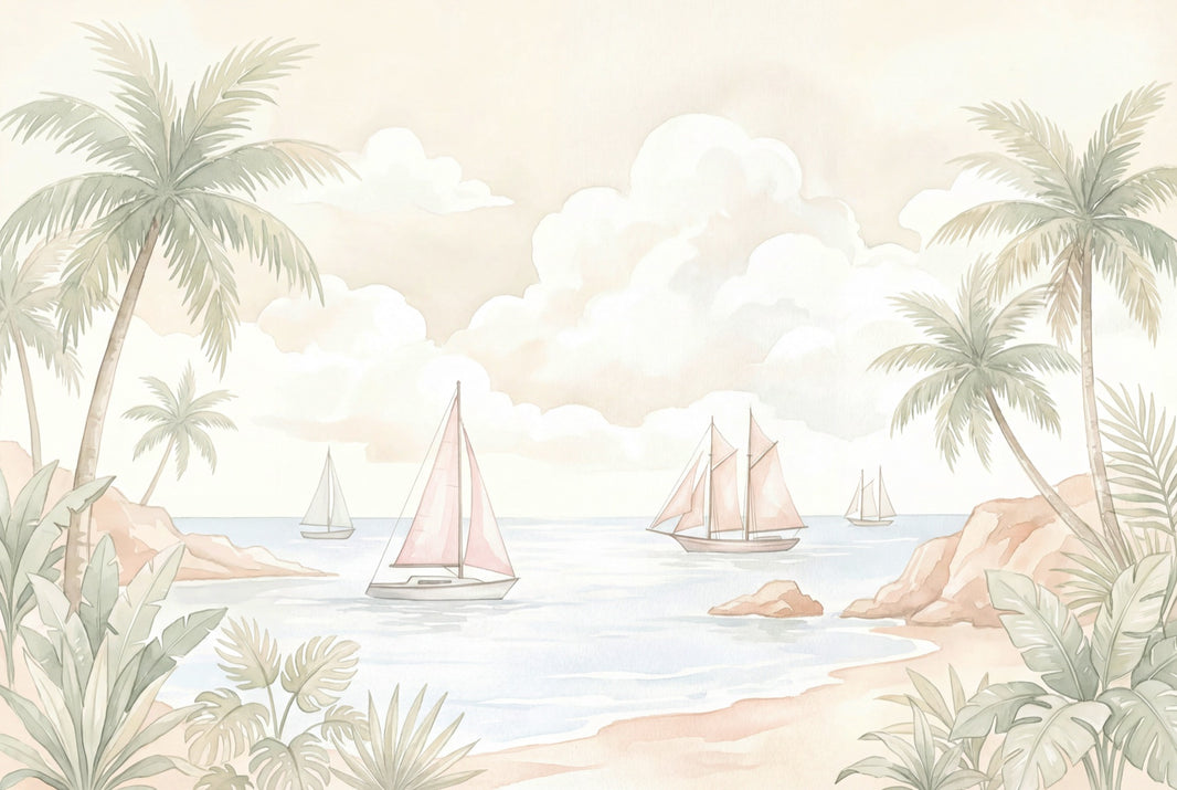 Tropical Coastal Landscape Wallpaper Palm Trees Sailboats Removable Wall Decor pattern artwork