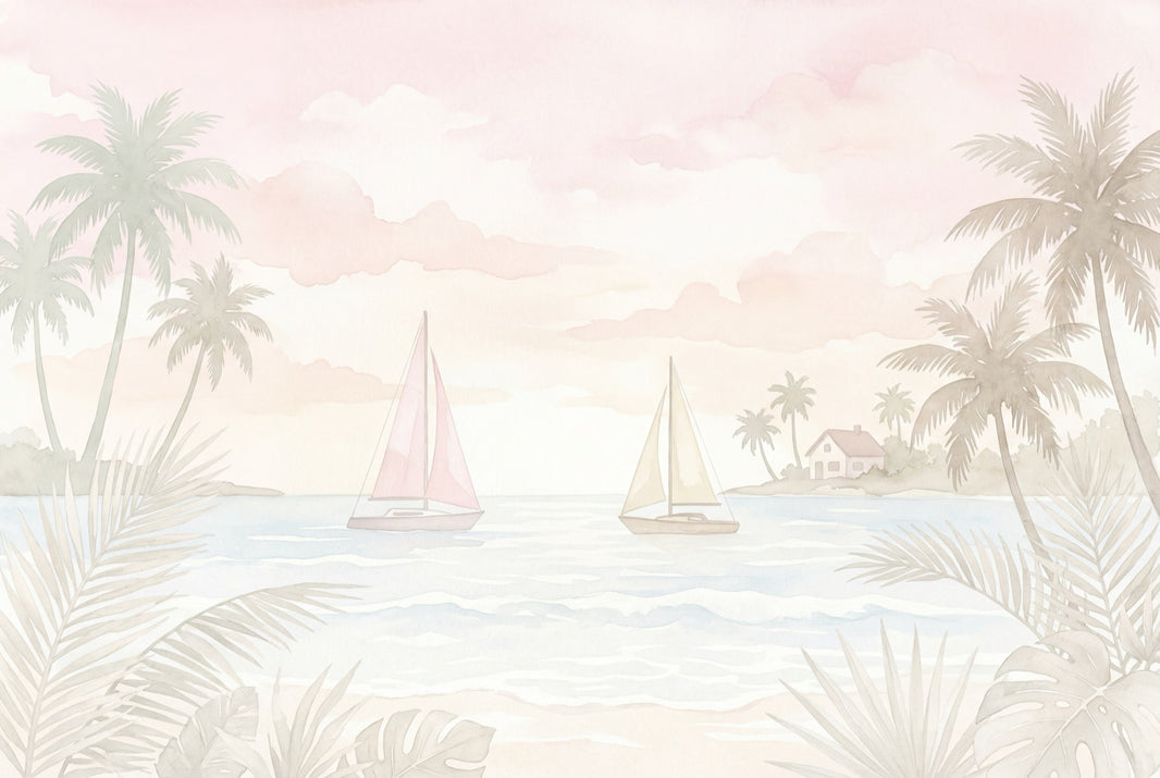 Scenic Landscape Wallpaper Tropical Coast Pastel Seascape Wall Mural pattern artwork